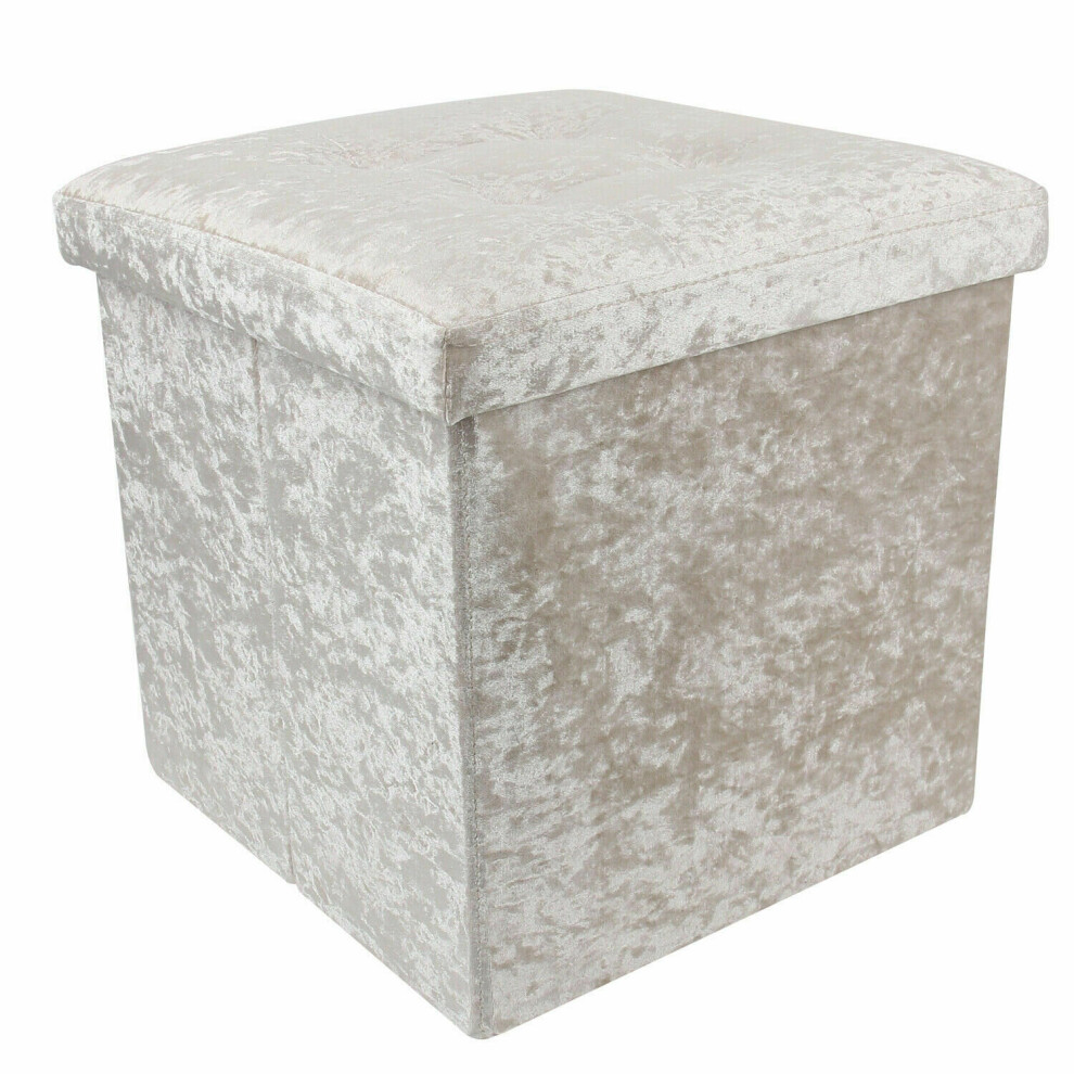 (Cream) Crushed Velvet Ottoman Foot Stool Storage Box Furniture Seat Rest Cube Foldable