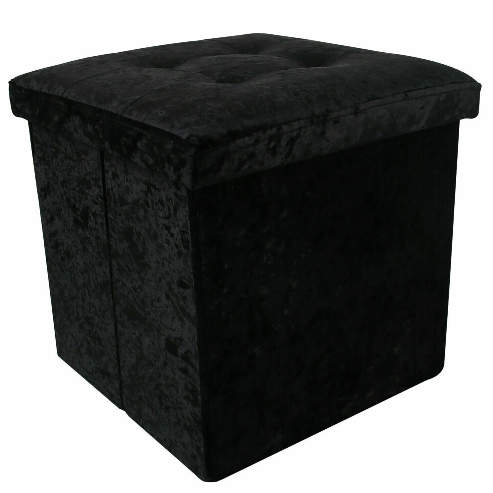 (Black) Crushed Velvet Ottoman Foot Stool Storage Box Furniture Seat Rest Cube Foldable