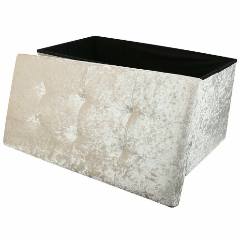 (Cream) Large 2 Seater Crushed Velvet Foldable Ottoman Storage Box Double Bed Foot Stool