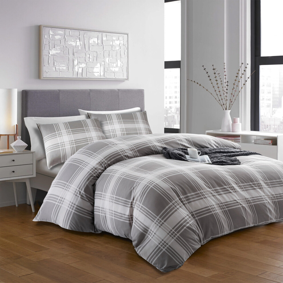 (Check-Grey, King) Reversible Duvet Quilt Cover Bedding Set With Pillow Cases Single Double King