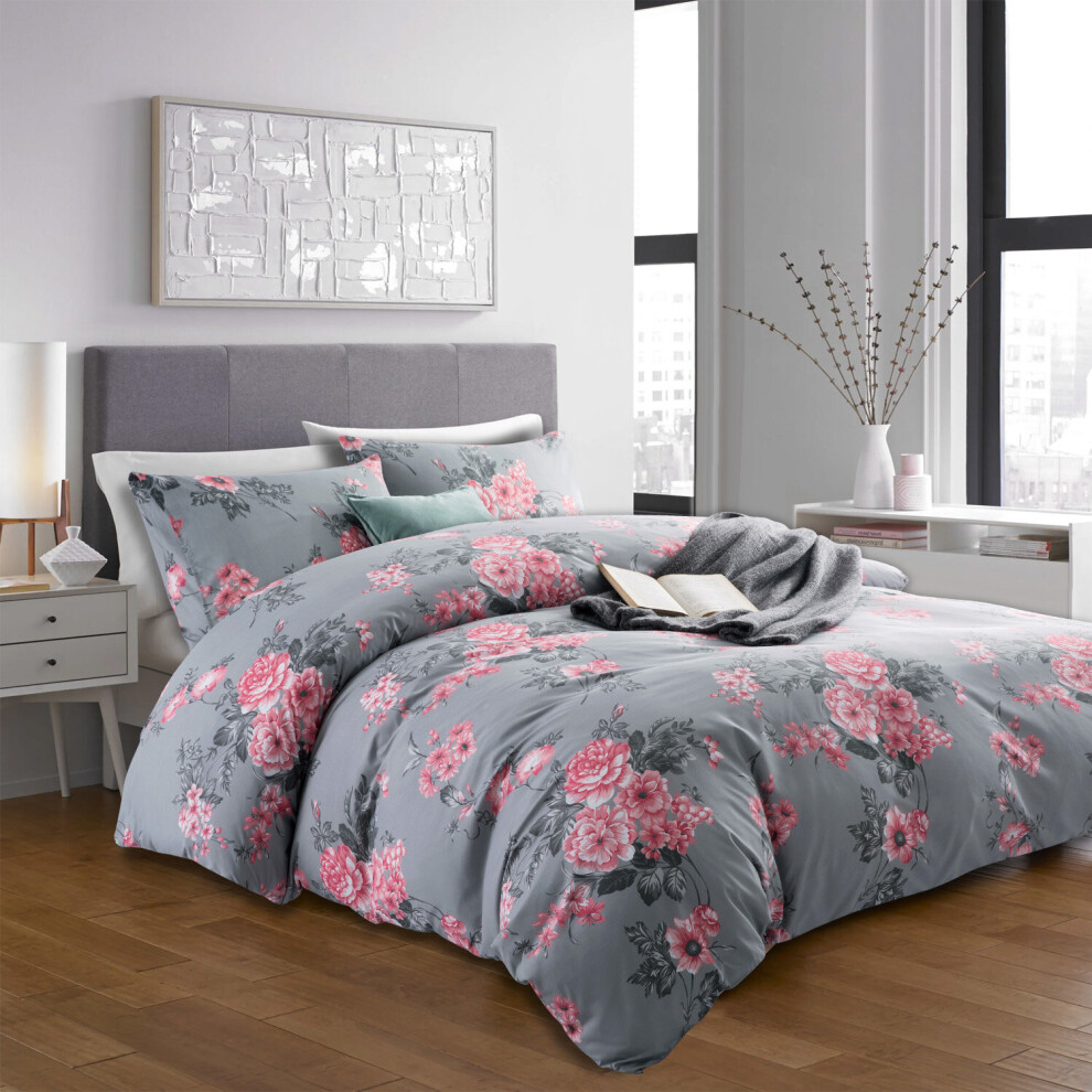 (Grey-Bouquet, Single) Reversible Duvet Quilt Cover Bedding Set With Pillow Cases Single Double King