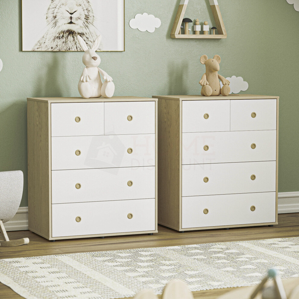 (White & Oak) Neptune Set of 2 Chests of Drawers Garment Storage