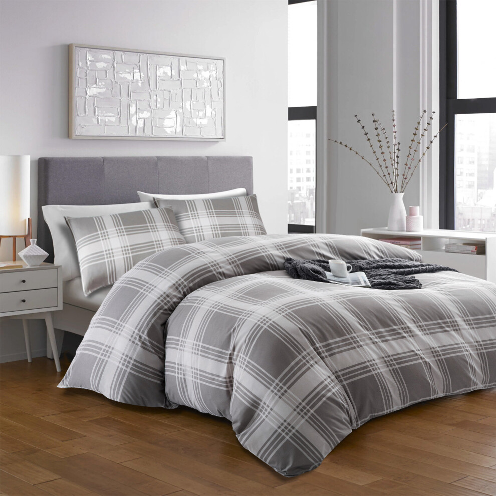 Oxford Homeware (Check-Grey, Single) Reversible Duvet Quilt Cover Bedding Set With Pillow Cases Single Double King Multicoloured
