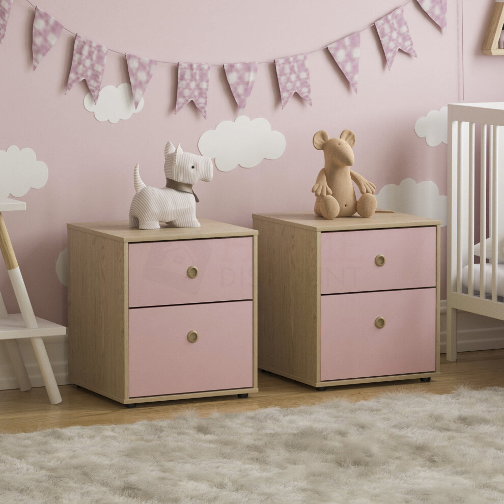 (Pink & Oak) Neptune Set of 2 Bedside Chest Bedroom Storage Oak