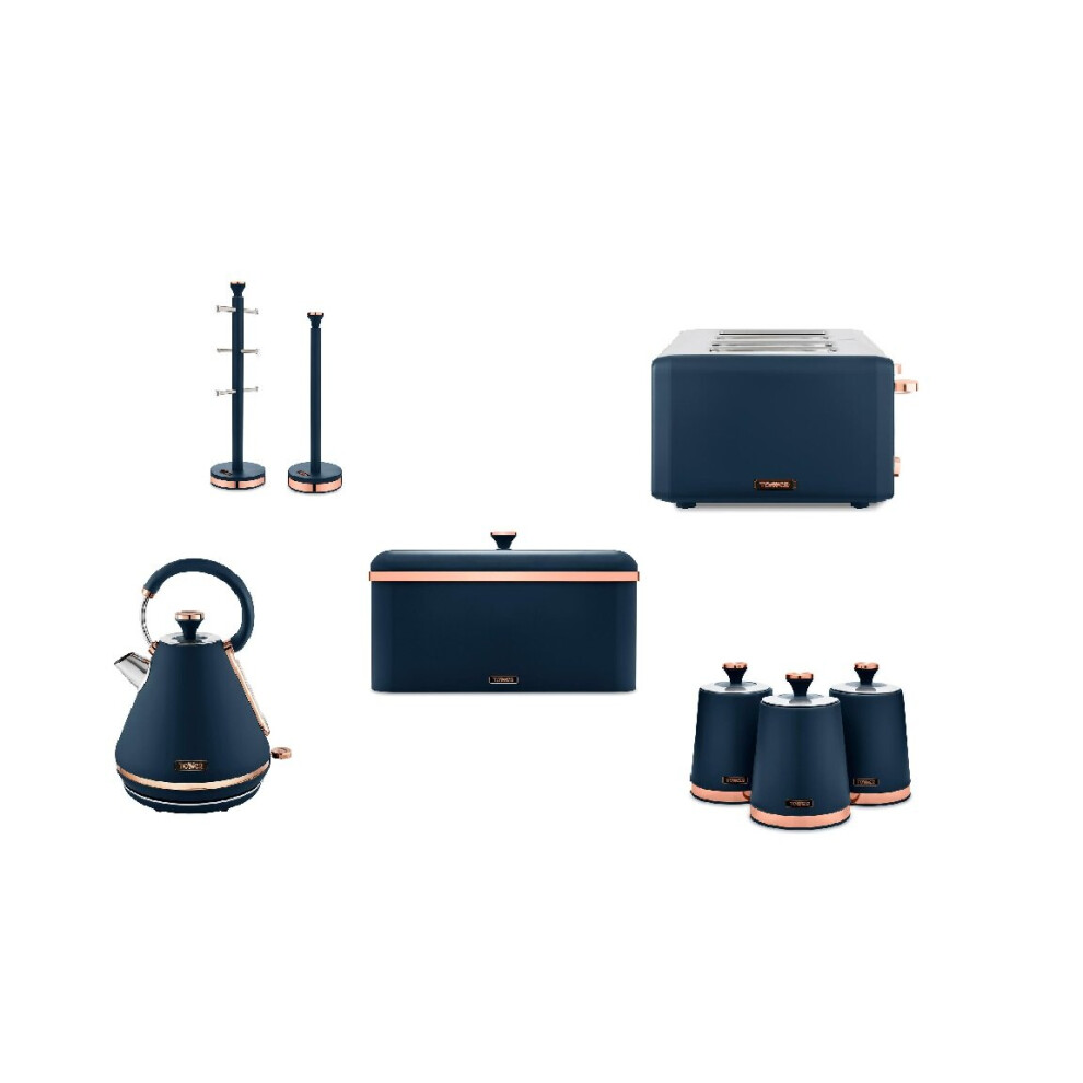 TOWER Cavaletto MIDNIGHT BLUE kettle, 4 slice toaster, bread bin, set of 3 cannisters, mug tree and towel pole