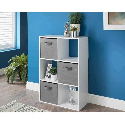 Spot On Dealz 6 Cubes 3 Baskets Storage Bookcase White & Grey Unit G-0333
