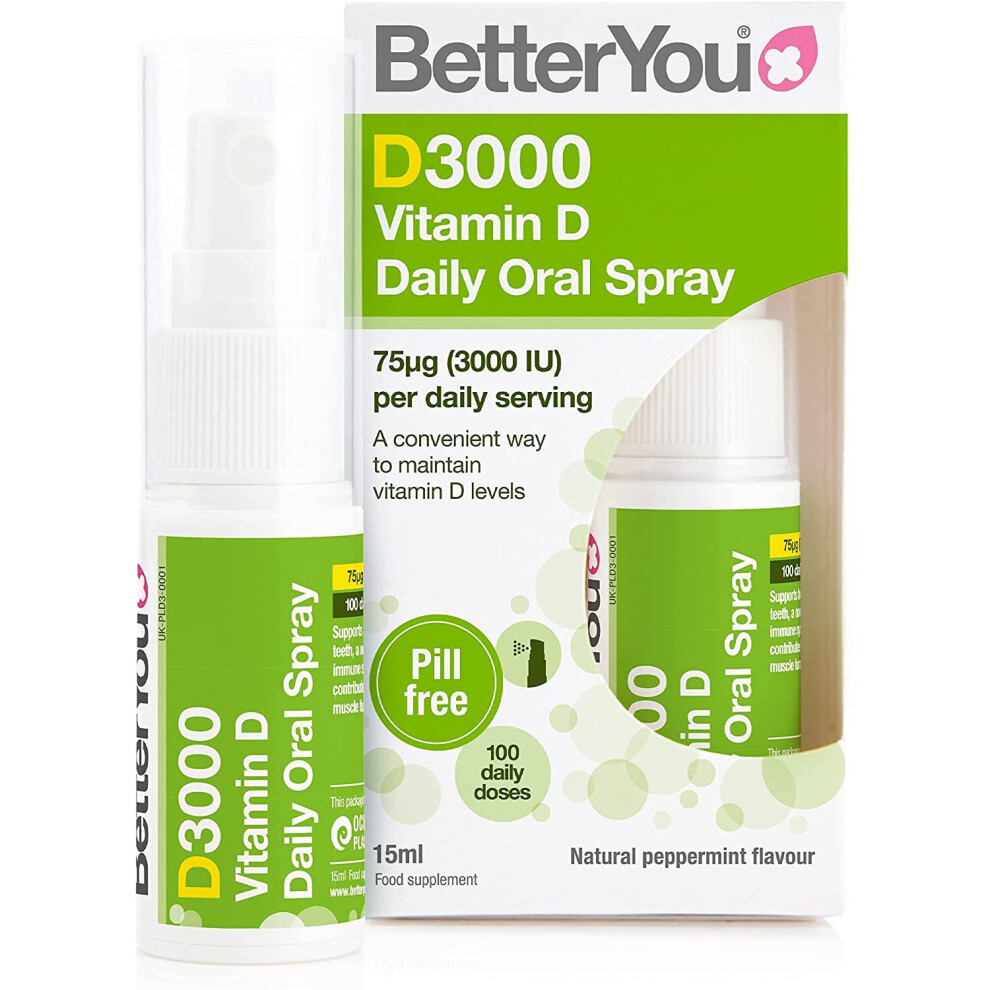Betteryou D3000 Vitamin D Daily Oral Spray | 3000 Iu (75 Ug) Of Vitamin D3 (Cholecalciferol) | 15 Ml (100 Sprays) | Natural Peppermint Flavo 15Ml