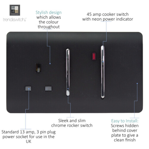 Trendi Switch Trendi 45 A Cooker Switch & Plug Socket Inc Neon Insert Matt Black 2