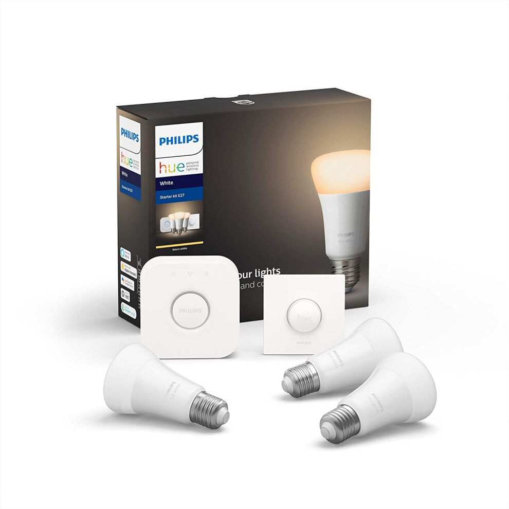 Philips Hue Starter Kit White Ambiance: Smart Bulb 3 Pack LED [E27 Edison Screw] Including Hue Smart Button and Hue Bridge, Works with Alexa