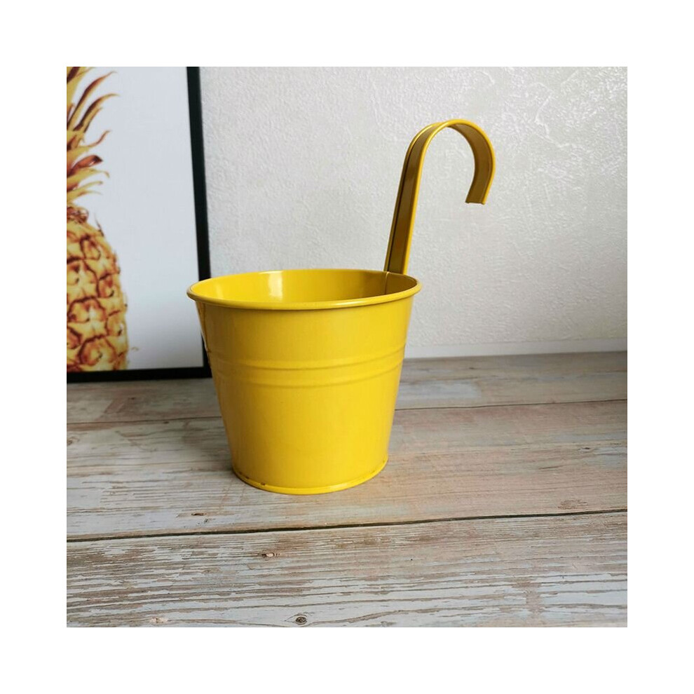 (Yellow) Metal Hanging Flower Pots Plant Bucket Fence Decor