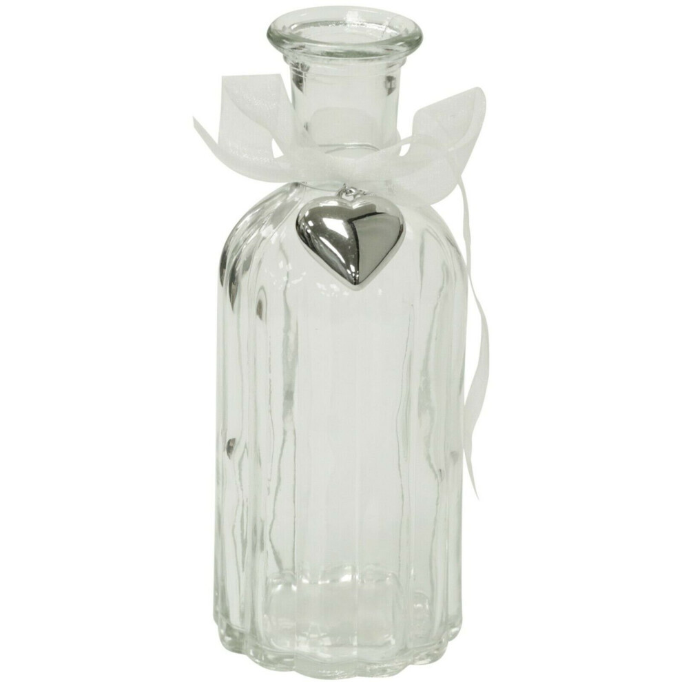 19cm Clear Glass Bottle Neck Bud Vase With Ribbon Silver Heart Glass Flower Vase