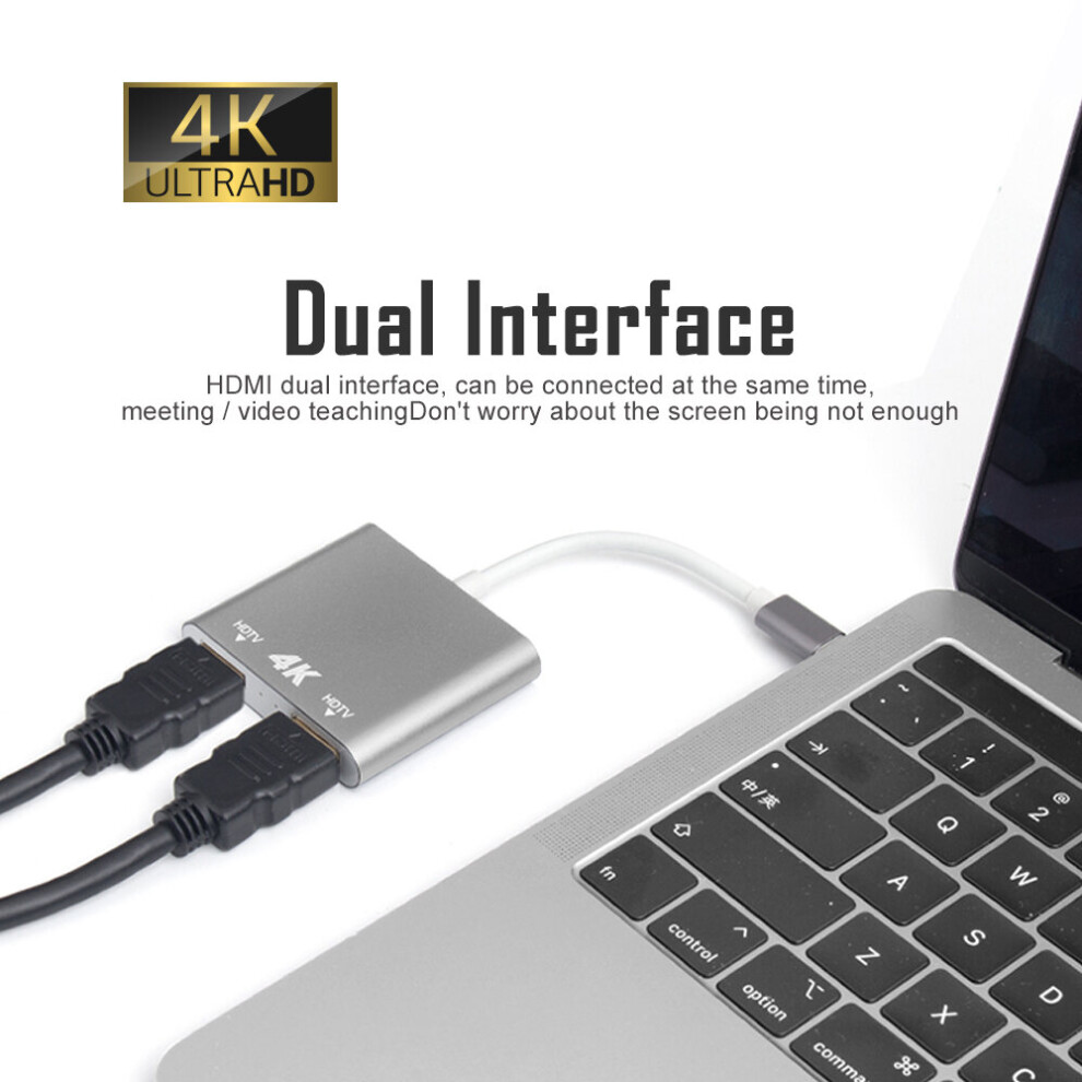 Type-C Usb-C To Dual Hdmi 4K@60Hz Converter Adapter For Macbook Gray 7381456990804