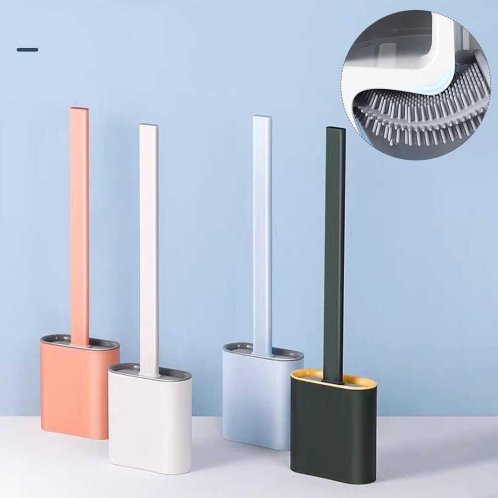 (White) Silicone Toilet Brush with Toilet Brush Holder Wall-Mounted Cleaning Brush Set
