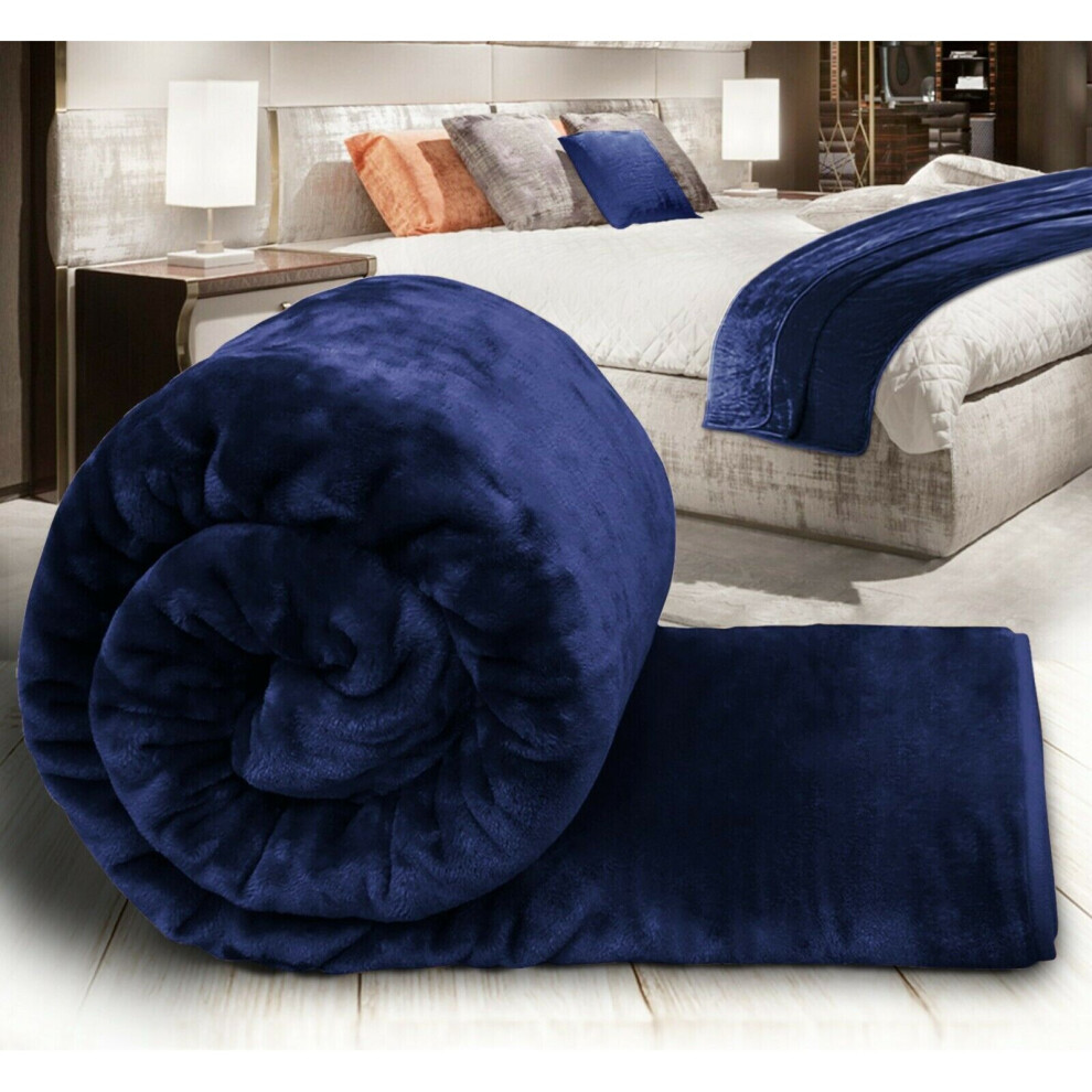 (NAVY BLUE, DOUBLE) Large Blanket Faux Fur Fleece Throw