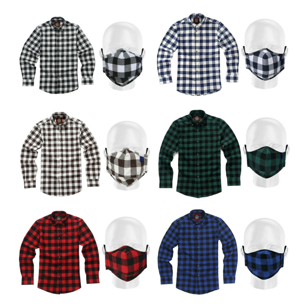(Brunswick Racing Green, L) Mens Tartan Check Shirts and Face Mask Covering Lumberjack Flannel Style by Janeo British Apparel.