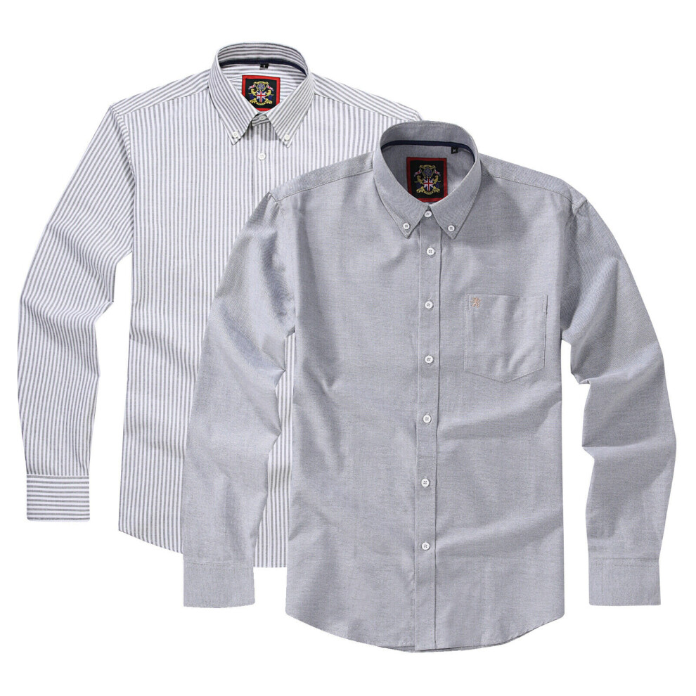 (Cool Grey, 2XL) Mens Long Sleeve Oxford Shirt. Pack of 2, Plain & Strips Shirts, The Oxford Button Down Collar & Pocket. Janeo British Apparel.