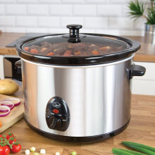 Quest 35280 Slow Cooker / 5 Litres / Compact Stainless Steel / 320W / 3 Temperature Settings / Transparent Toughened Glass Lid / Dishwasher