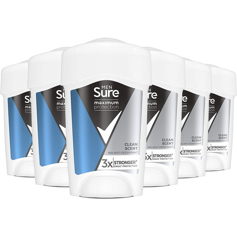 Sure Maximum Protection Clean Scent 96h protection Male Antiperspirant Deodorant Cream Stick for 3x stronger* sweat protection 45 ml 6 pack