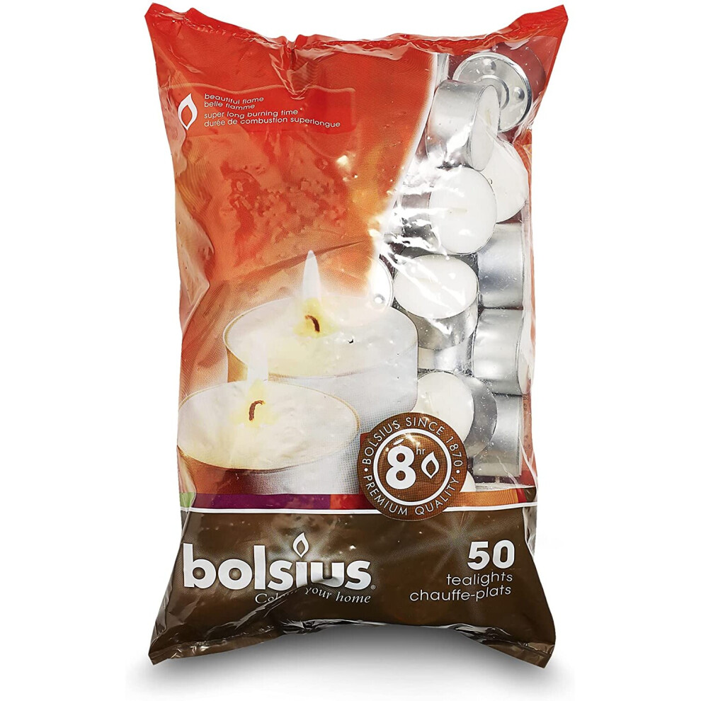 Bolsius 8 Hour Burning Tealights, Pack of 50, White, 7x18x32 cm