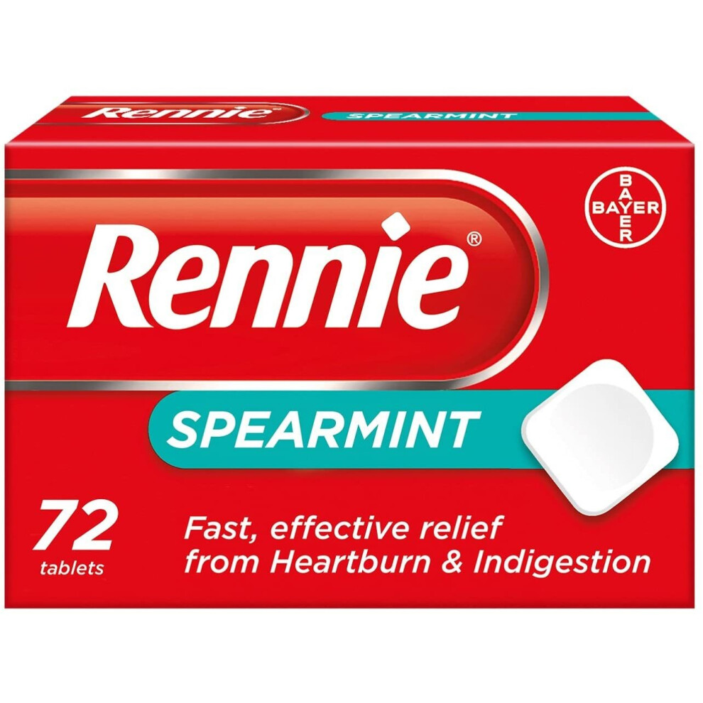 Rennie Antacids, Spearmint Flavour Heartburn Relief and Indigestion Tablets, Fast and Effective Relief for Acid Reflux, 1 Pack of 72 Tablets