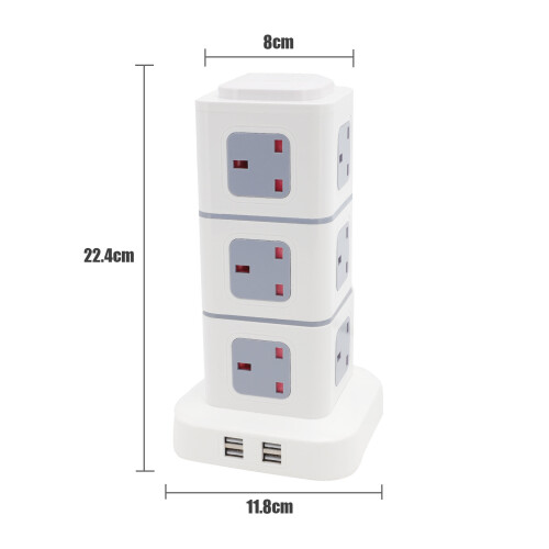 Tower Socket Extension Lead 3M 12Way Cable Surge Protected Power 4 USB 2