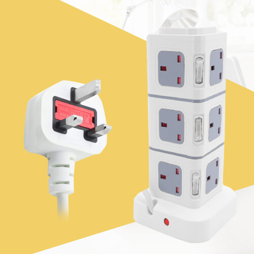 Tower Socket Extension Lead 3M 12Way Cable Surge Protected Power 4 USB