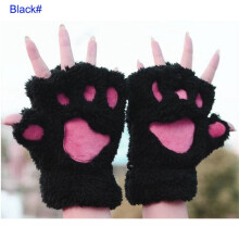 (Black, 21.5*15CM) Cute Cat Paw Plush Mittens Gloves Half Finger
