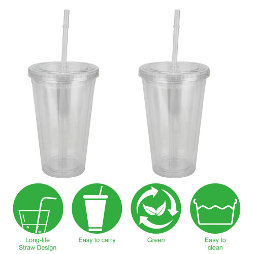 Clear Double Walled Cup with Lid and Straw Drinks Insulated 500ml 2