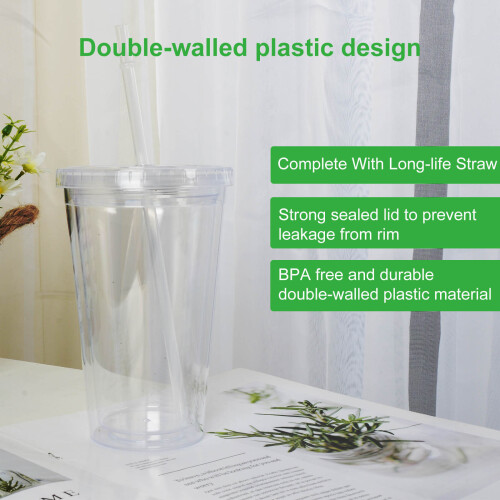 Clear Double Walled Cup with Lid and Straw Drinks Insulated 500ml 1