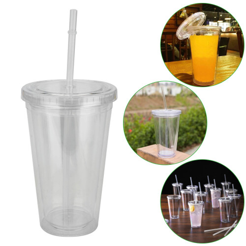 Clear Double Walled Cup with Lid and Straw Drinks Insulated 500ml