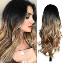 Quantum Love Perruque synthtique ombre noire  marron clair avec partie latrale longue ondule rsistante  la chaleur pour femme (ombr noir