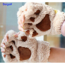 (Beige, 21.5*15CM) Cute Cat Paw Plush Mittens Gloves Half Finger