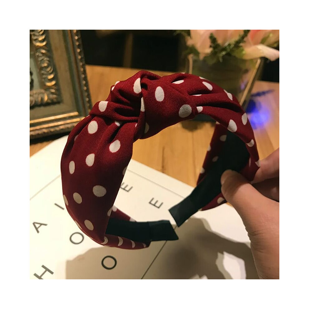 (Dot Red) Women Hair Band Twist Band Top Knot Plain Headband