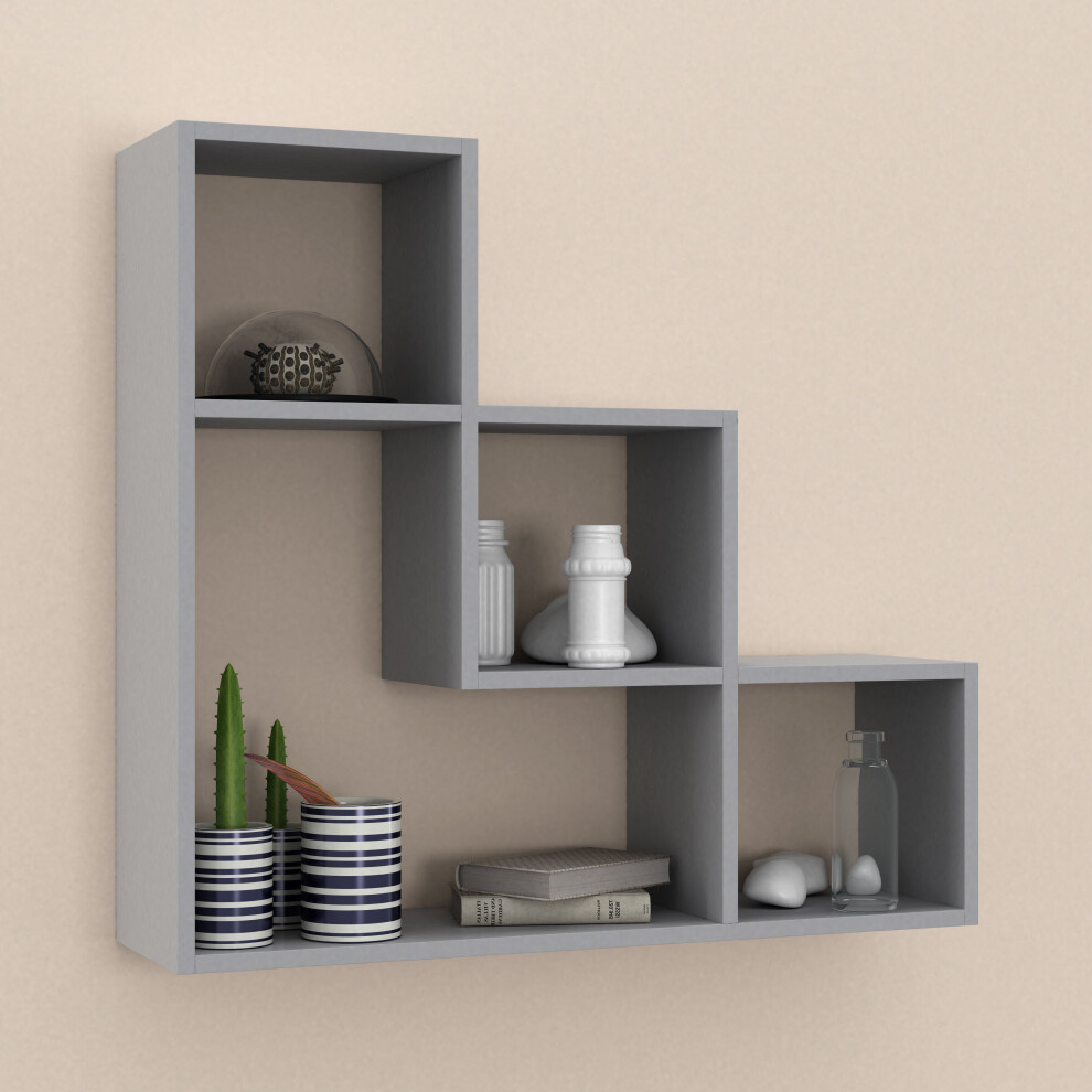 (Grey) Lyon Wood 3 Step Wall Mounting Shelf Display Unit