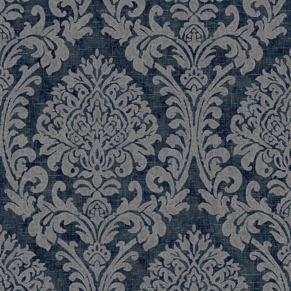 Grandeco Life Chenille Damask Navy Wallpaper A50101