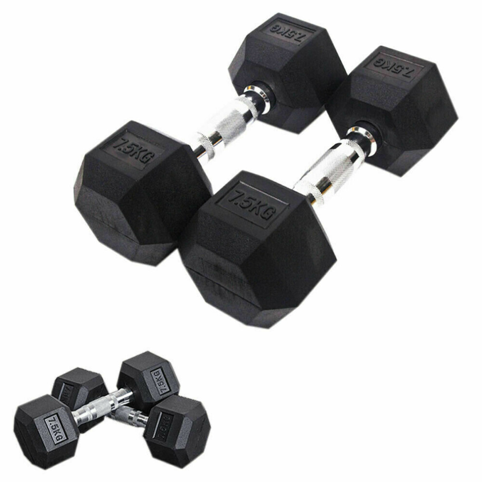 (7.5kg x 2 (Pair)) Hex dumbbells rubber gym weights encased hexagonal 7.5kg/10kg/15kg Single & Sets