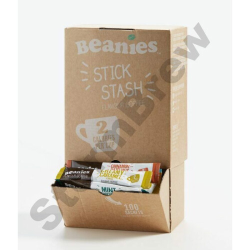 100 Beanies Mixed Blends; Instant Flavoured Coffee Sticks Sachets Dispensing Box