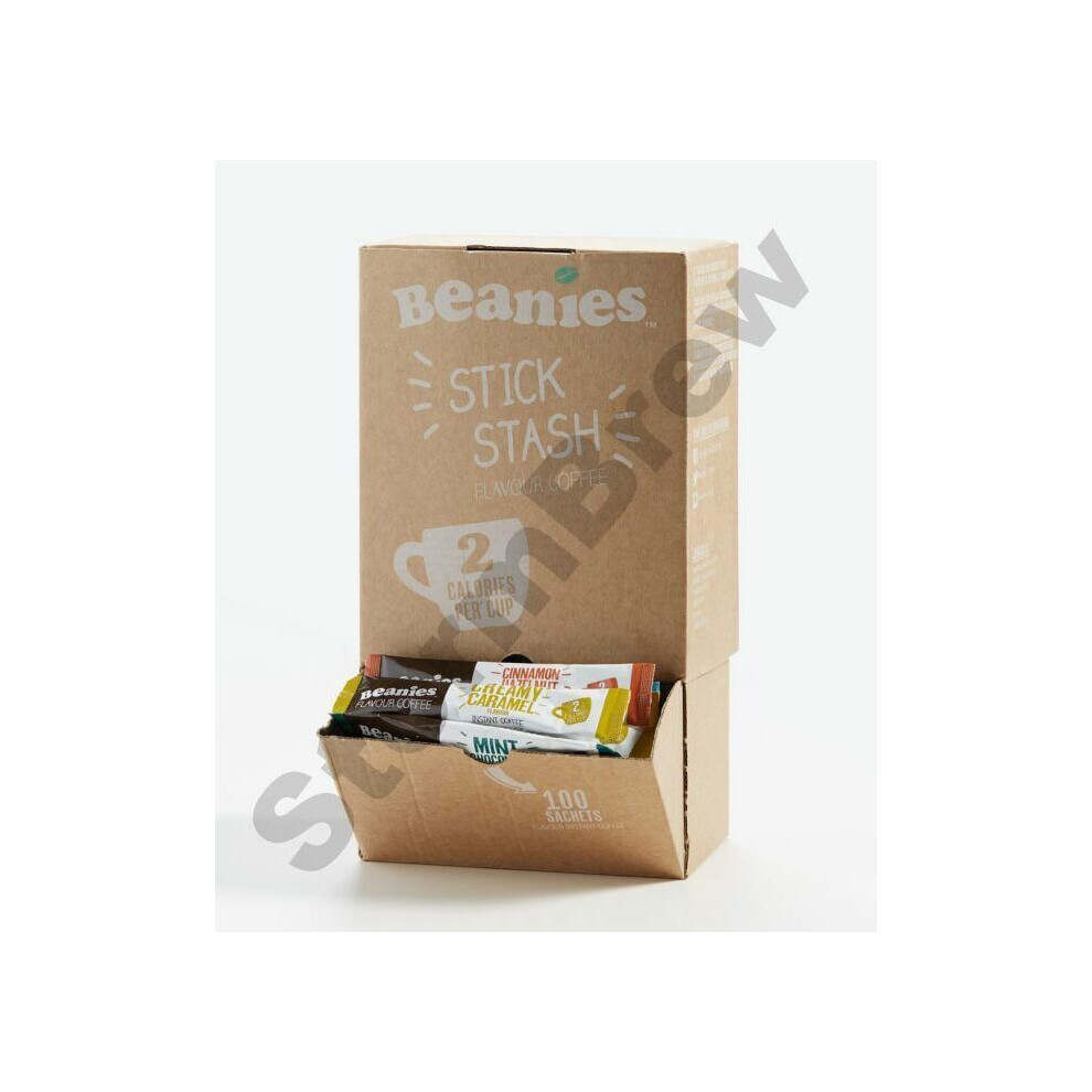 Beanies Flavour Co 100 Beanies Mixed Blends; Instant Flavoured Coffee Sticks Sachets Dispensing Box