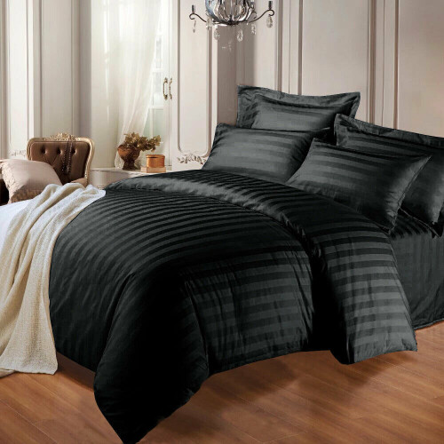 (King, Black) Satin Stripe Duvet Cover Bedding Set Pillowcases