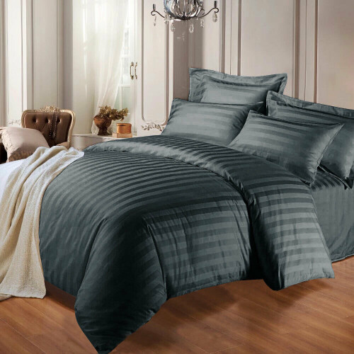 (King, Charcoal Grey) Satin Stripe Duvet Cover Bedding Set Pillowcases