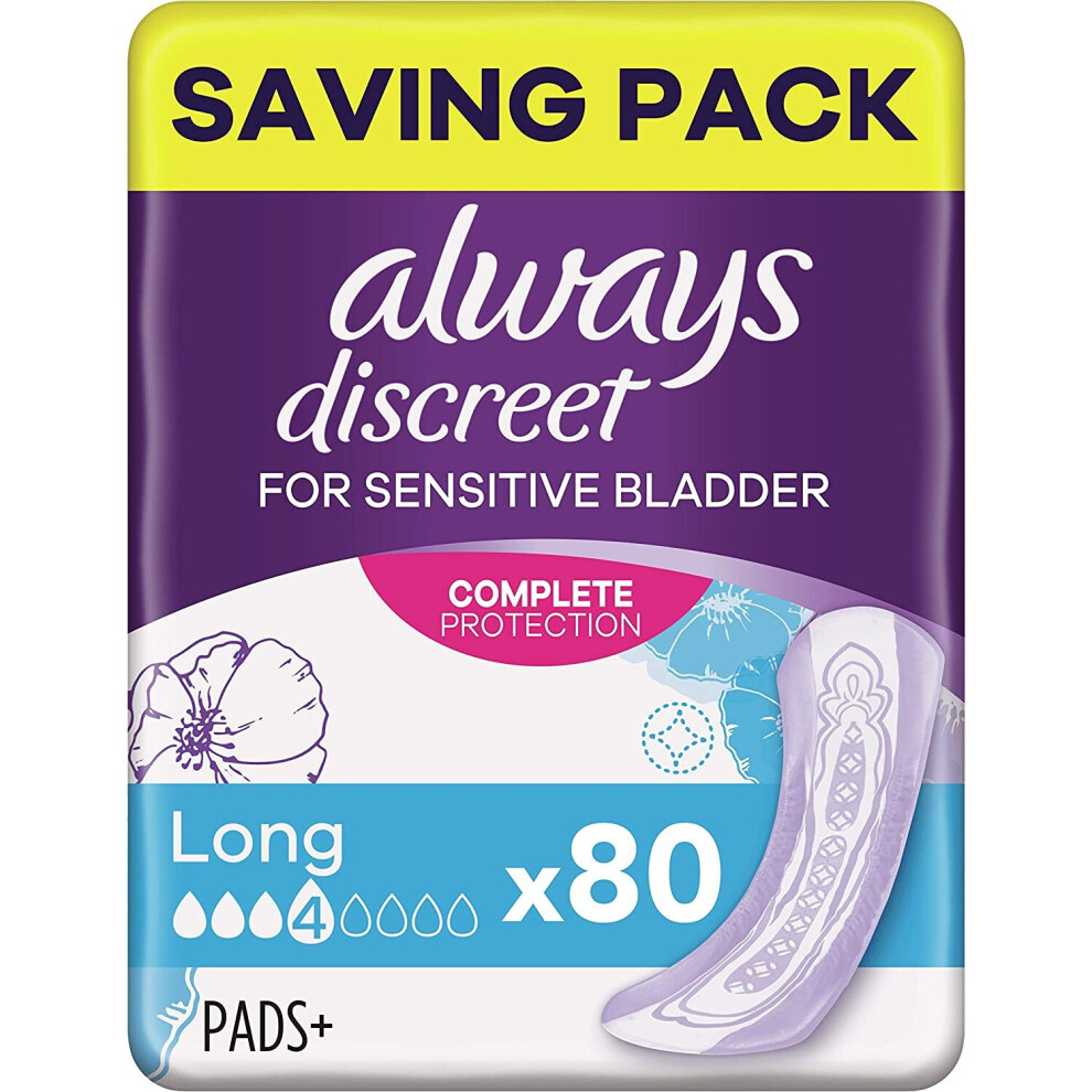 Always Discreet Incontinence Pads for Women, Long, Saving Pack 4 x 20 High Absorbency Pads