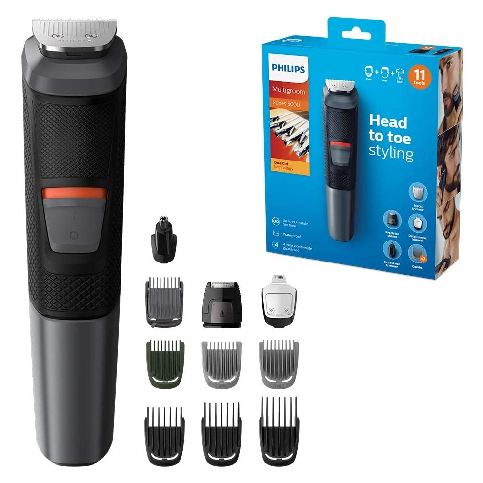 Philips 11-in-1 All-In-One Trimmer, Series 5000 Grooming Kit for Beard, Hair & Body with 11 Attachments, Including Nose Trimmer, Self-Sharpe