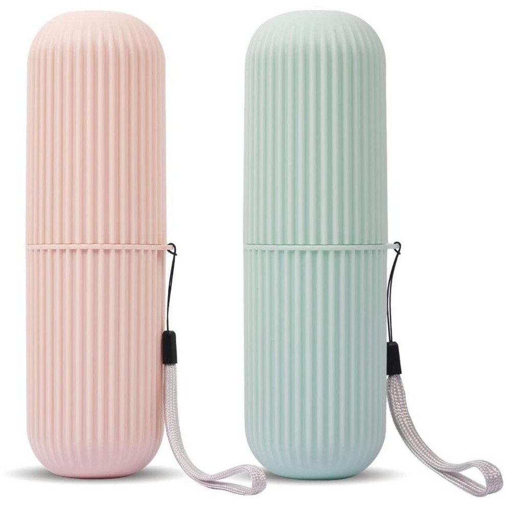Gkg Pink/Green (+Green) 2Pcs Pack Travel Toothbrush Case And Carrier, Portable Business Trips Wash Cup Holder Organizer For Trips And Daily Use