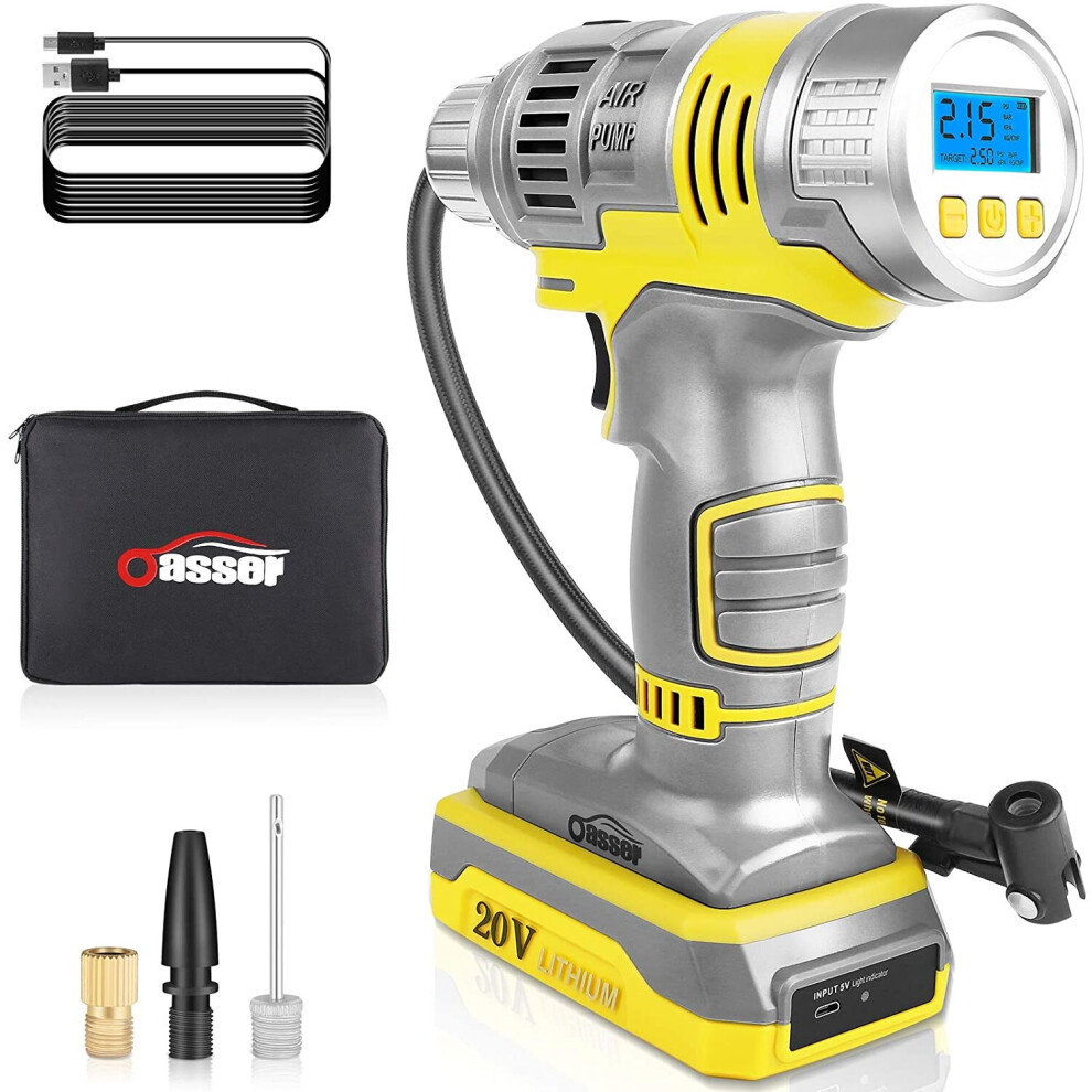 Oasser 20V Cordless Tyre Inflator With Rechargeable Battery, 120 Psi, Lcd Digital Gauge, Led Lights, Usb-C, Auto Shut-Off, Includes Battery