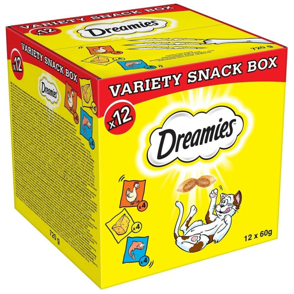 Dreamies Cat Treats Variety Pack, Snacks with Chicken, Salmon and Cheese, 12 Pouches of 60 g