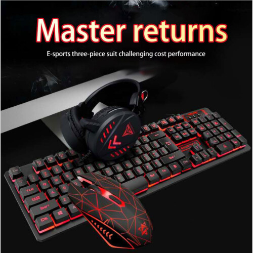 (TRICOLOR BACKLIGHT) Keyboard Mouse Headset Waterproof LED Gaming Set 2