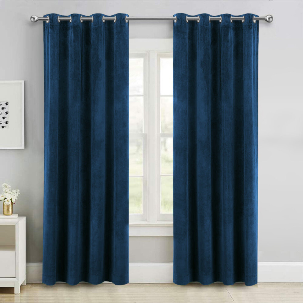 (Blue, 66" x 54" (167cm x 137cm)) Thick Velvet Curtains Pair Thermal Eyelet Ring Top