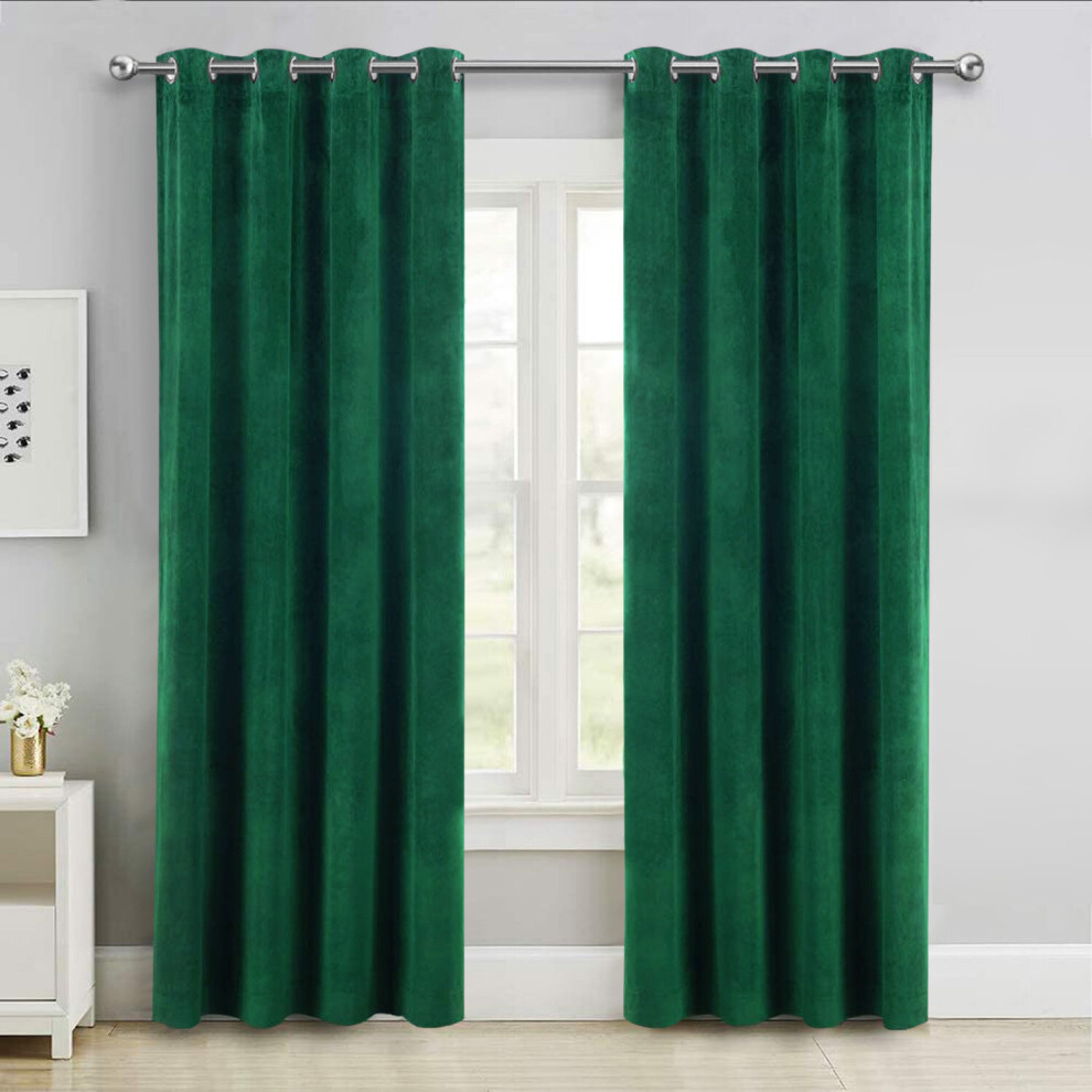 (Green, 66" x 72" (167cm x 183cm)) Thick Velvet Curtains Pair Thermal Eyelet Ring Top