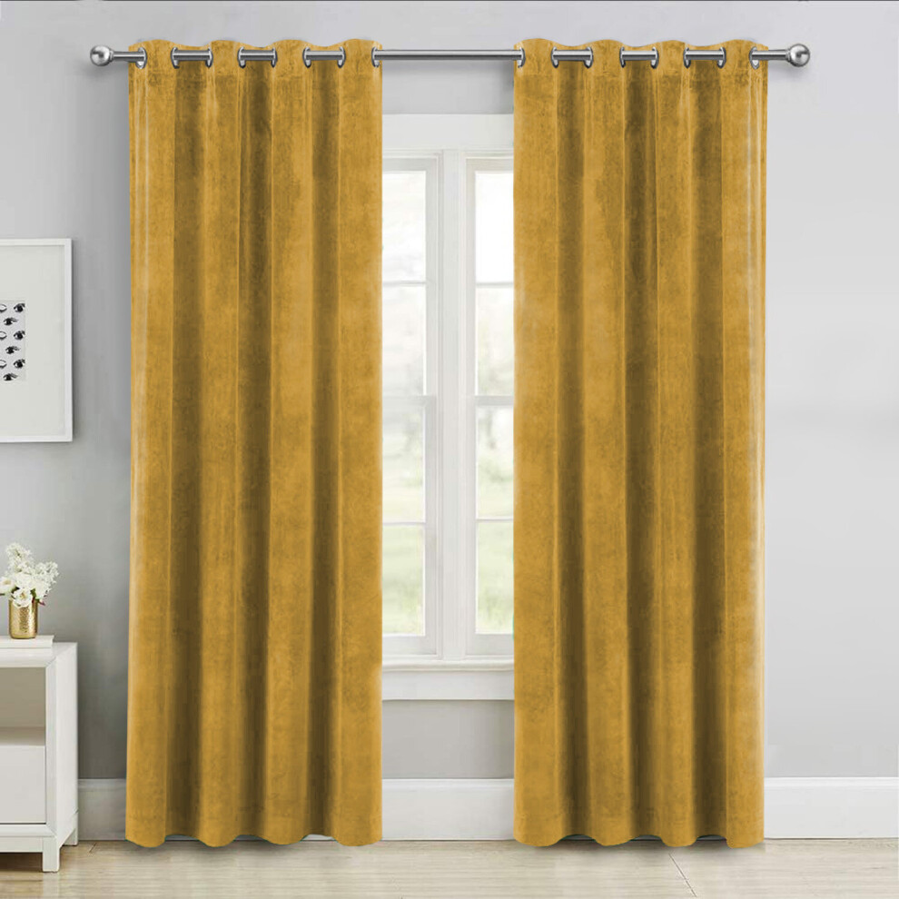 (Ochre, 90" x 90" (228cm x 228cm)) Velvet Curtains Eyelet Ring Top Bedroom Window Drapes