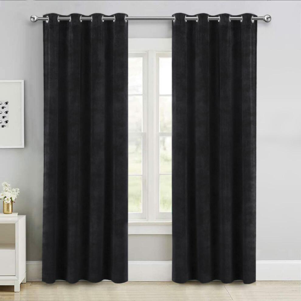 (Black, 66" x 72" (167cm x 183cm)) Thick Velvet Curtains Pair Thermal Eyelet Ring Top